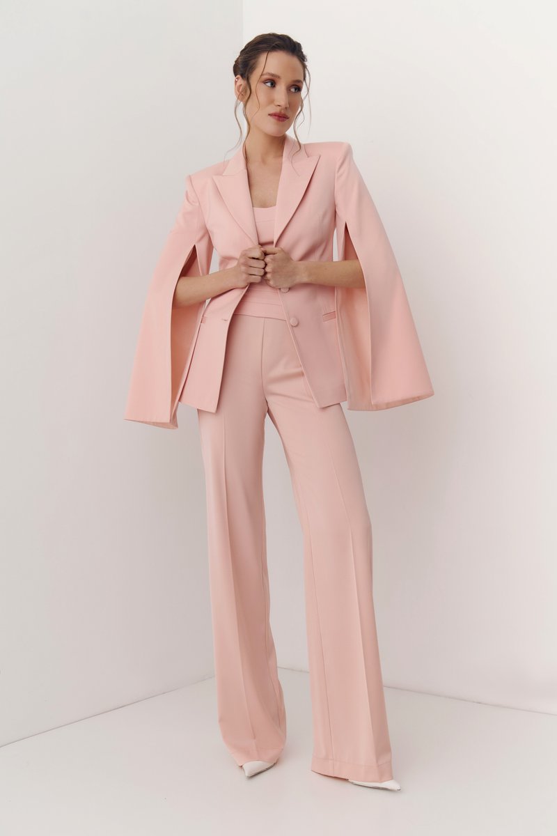 Рожевий сатиновий однобортний жакет з акцентними рукавами фотографія 1