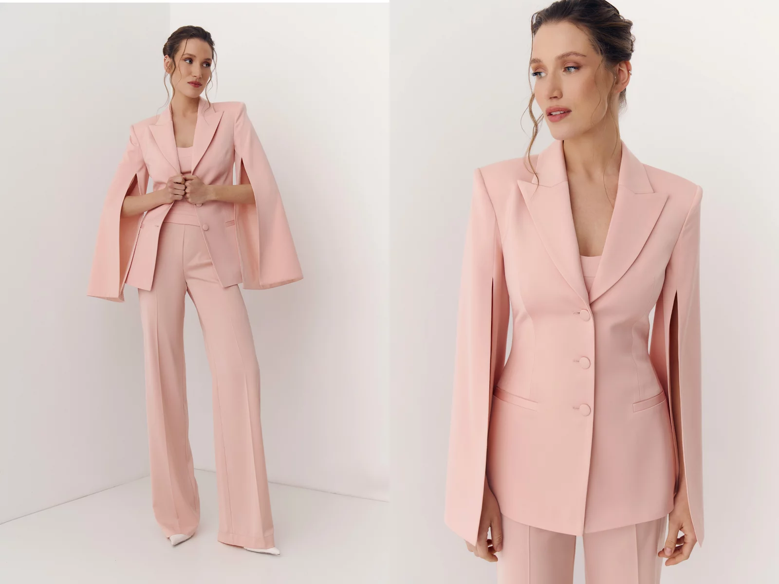 Розовый сатиновый однобортный жакет с акцентными рукавами фотография 1