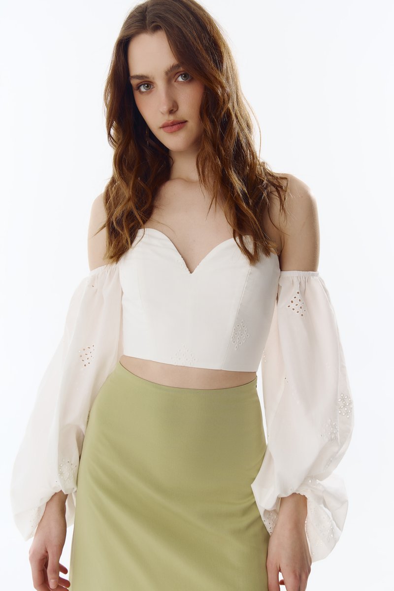 Молочний топ-корсет з довгими рукавами із прошви фотографія 1