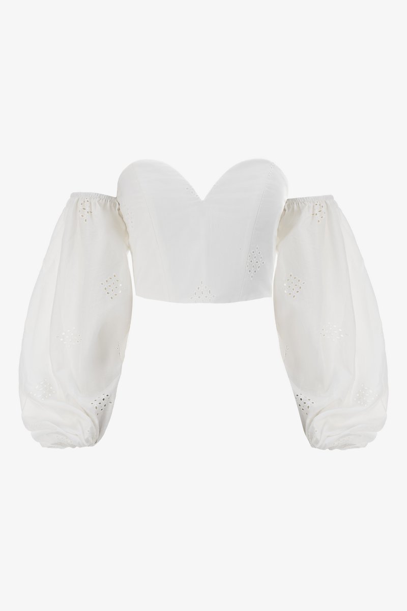 Молочный топ-корсет с длинными рукавами из прошвы фотография 1