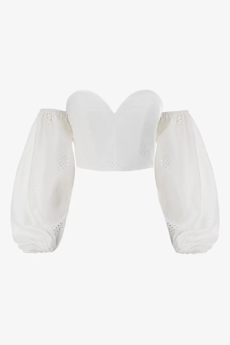 Молочный топ-корсет с длинными рукавами из прошвы фотография 5