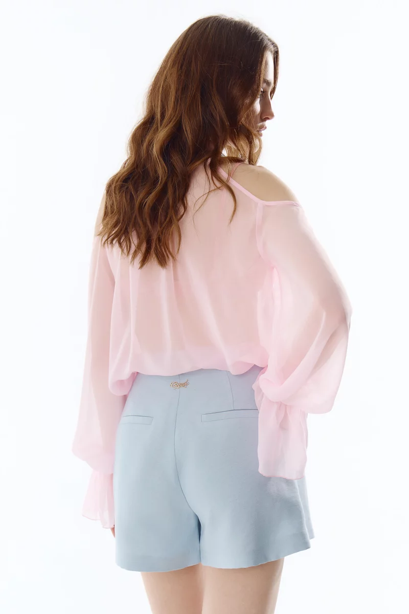 Pink chiffon blouse with open shoulders photo 4