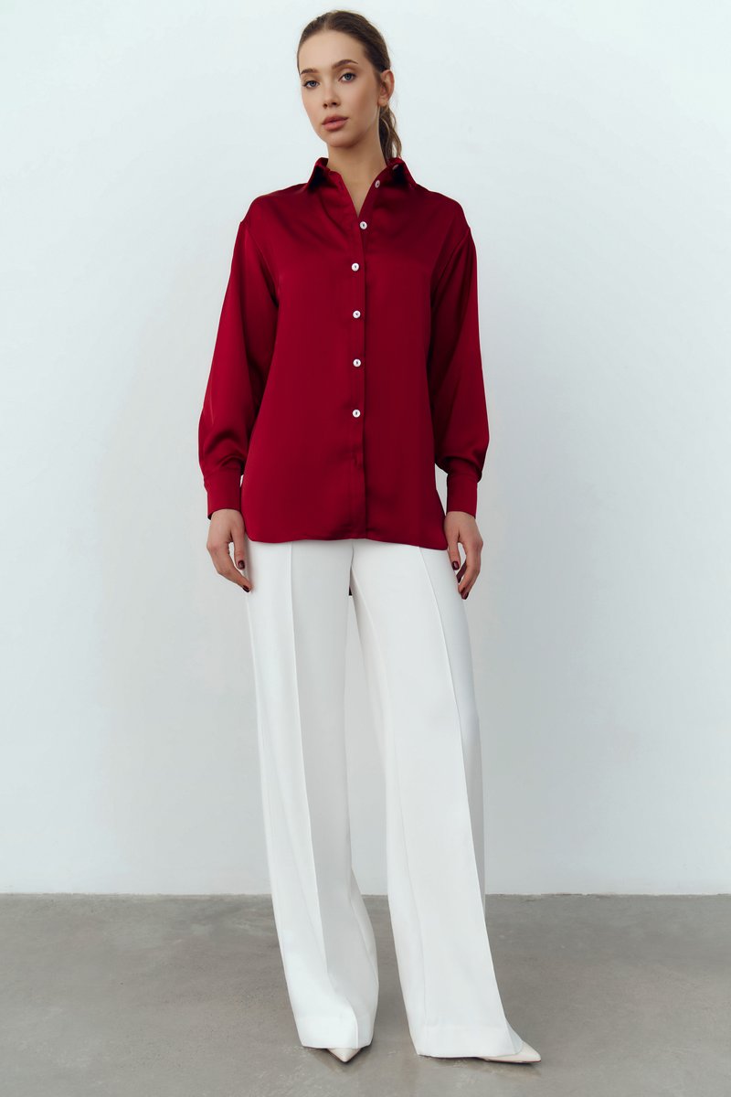 

Бордова сорочка оверсайз зі штучного шовку