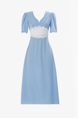 Блакитна сатинова сукня міді з мереживною вставкою