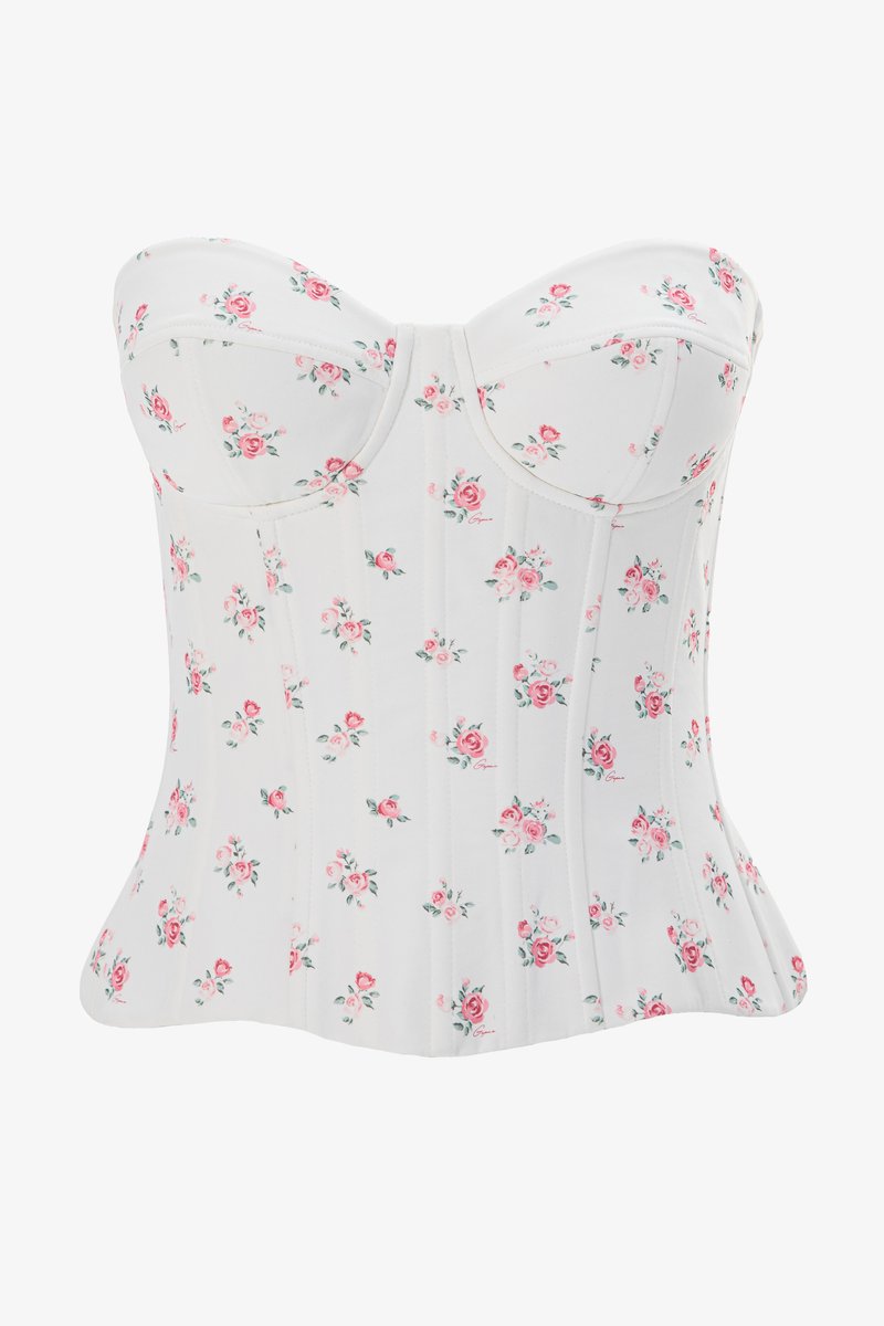 Молочний сатиновий корсет-бюстьє із квітковим принтом фотографія 1