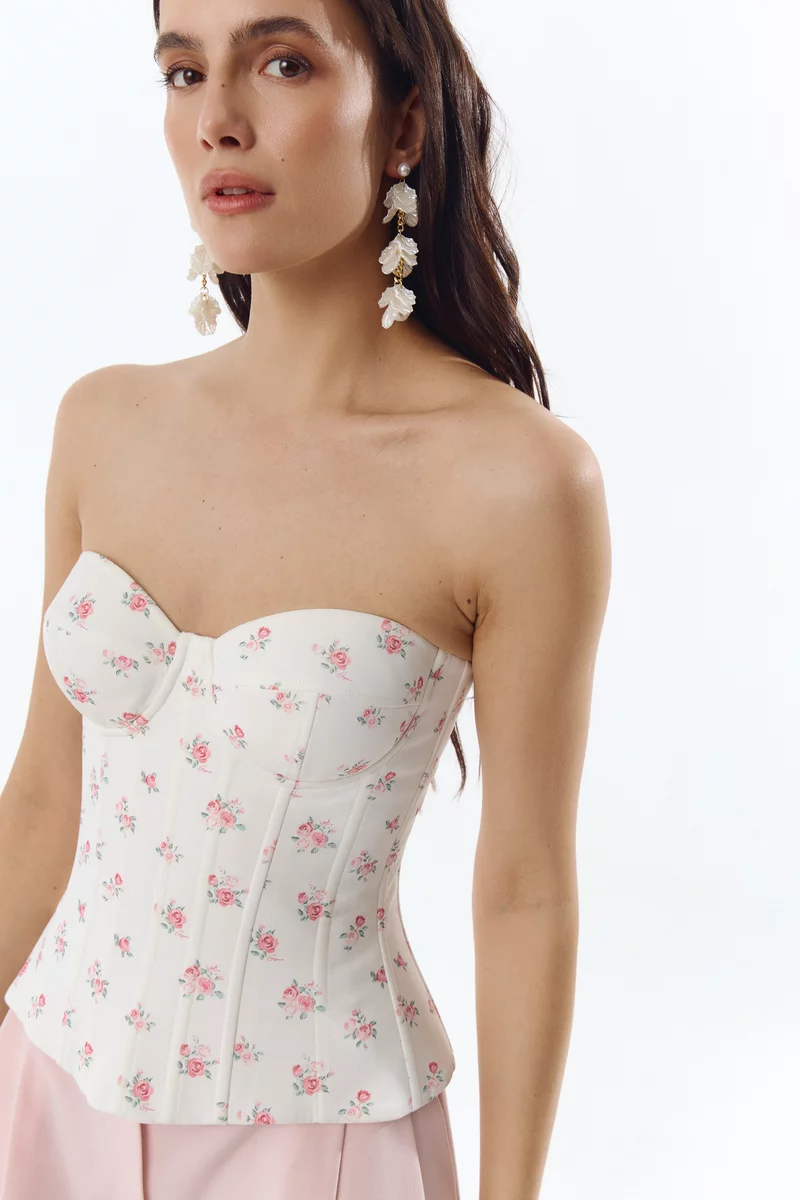 Milky satin corset-bustier with floral print photo 1
