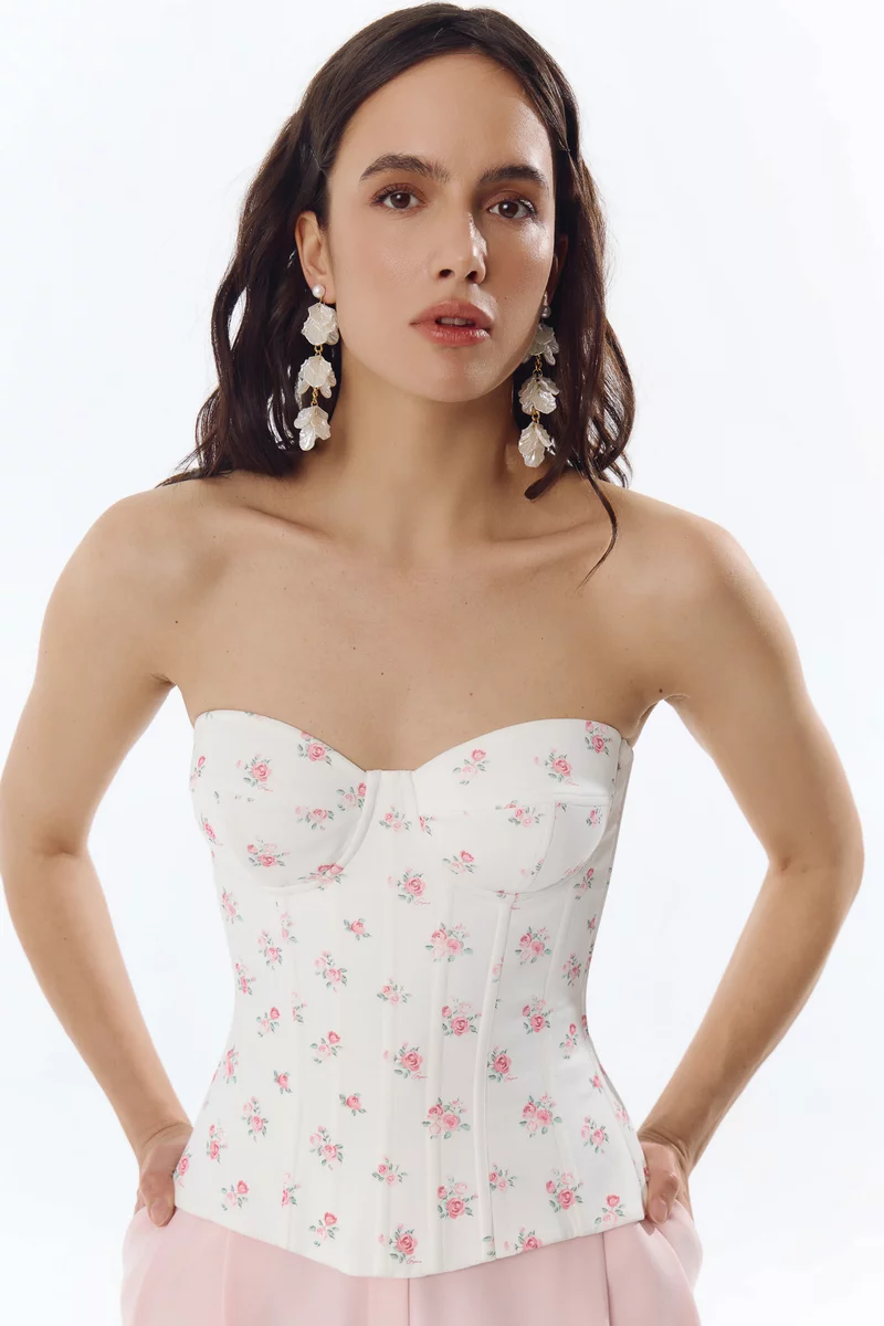 Milky satin corset-bustier with floral print photo 3