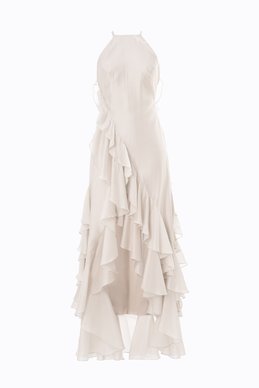 Молочное платье макси с органзой асимметричного кроя