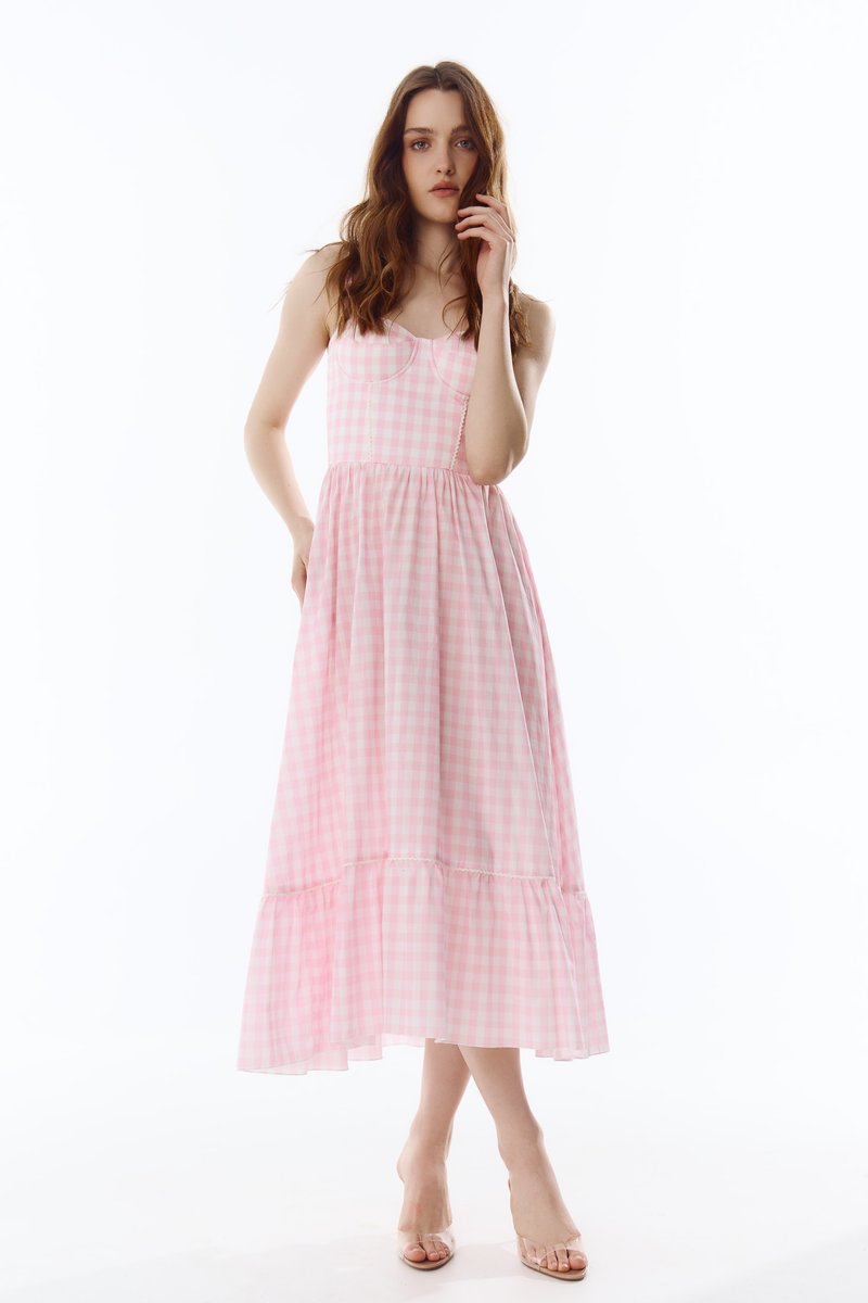 Pink cotton midi dress with check pattern image 1