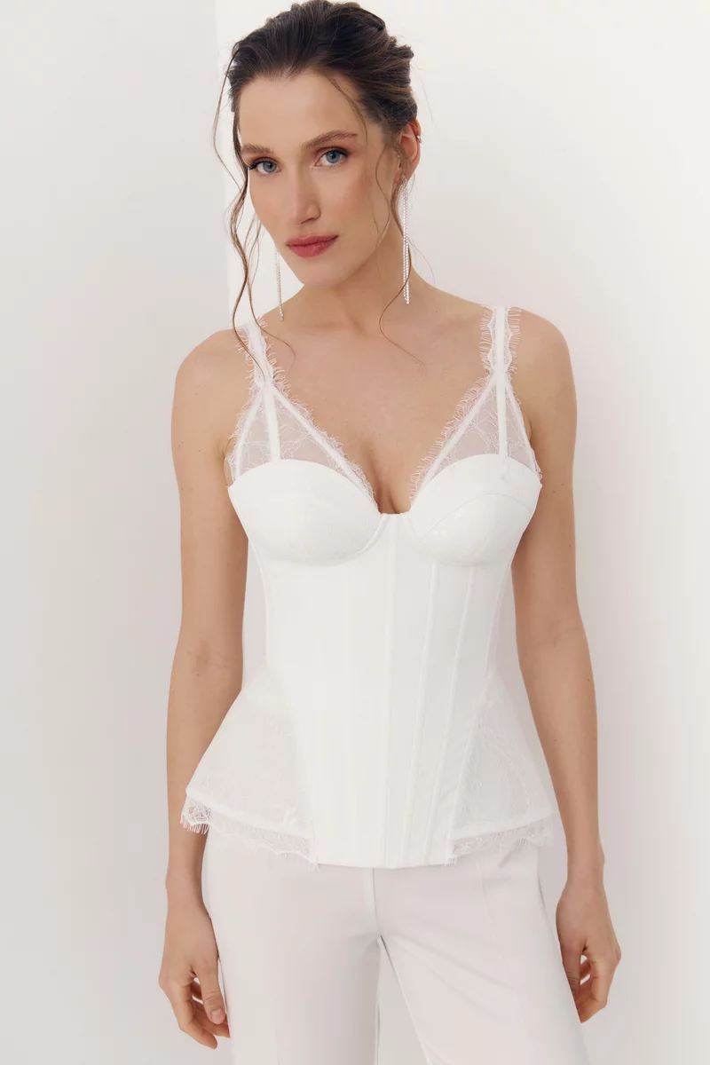 Молочный сатиновый корсет с кружевными вставками фотография 1