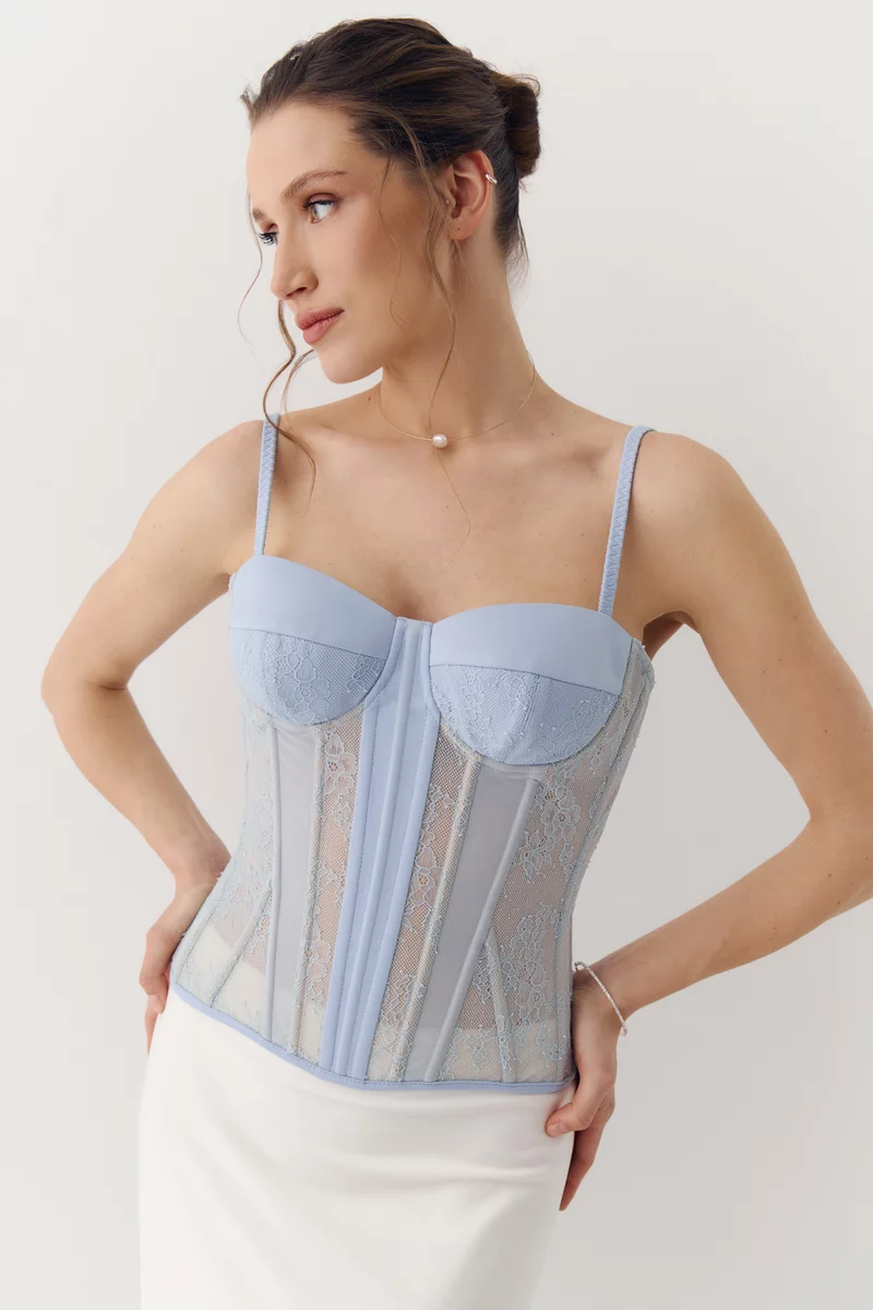 Голубой сатиновый корсет со вставками фотография 3