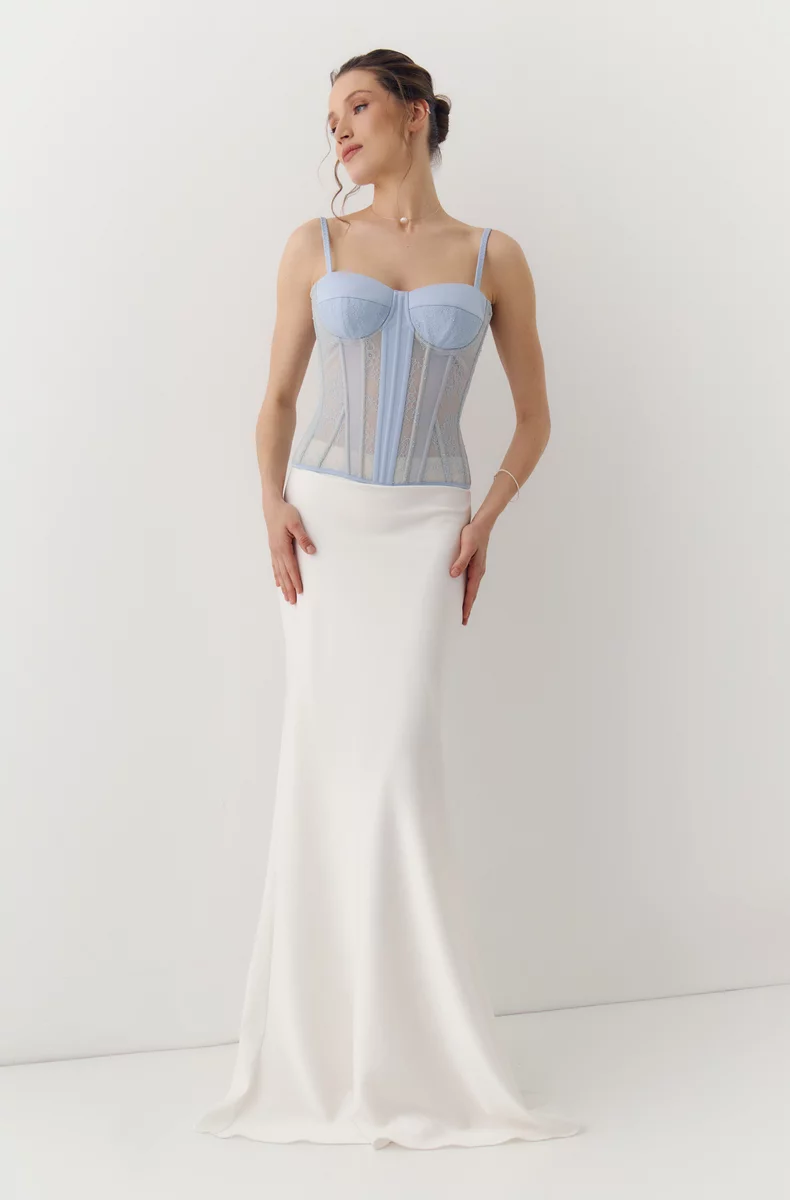 Голубой сатиновый корсет со вставками фотография 4