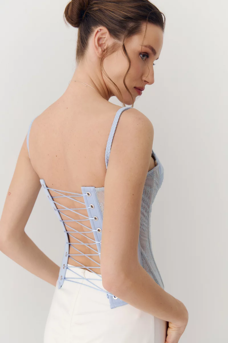 Голубой сатиновый корсет со вставками фотография 5