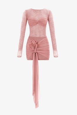 Розовое кружевное платье мини с боковым шлейфом