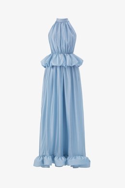 Голубое платье макси из органзы с рюшами