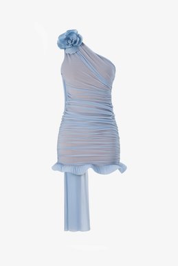 Блакитна сукня міні зі стрейч-сітки із драпіруванням та квіткою