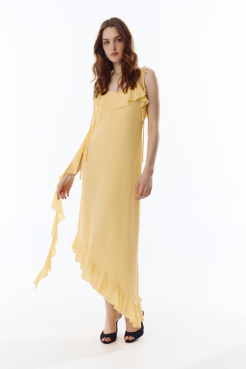 Желтое шифоновое платье макси асимметричного кроя фотография 1