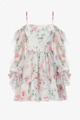 Молочна шифонова сукня міні на бретелях із квітковим принтом