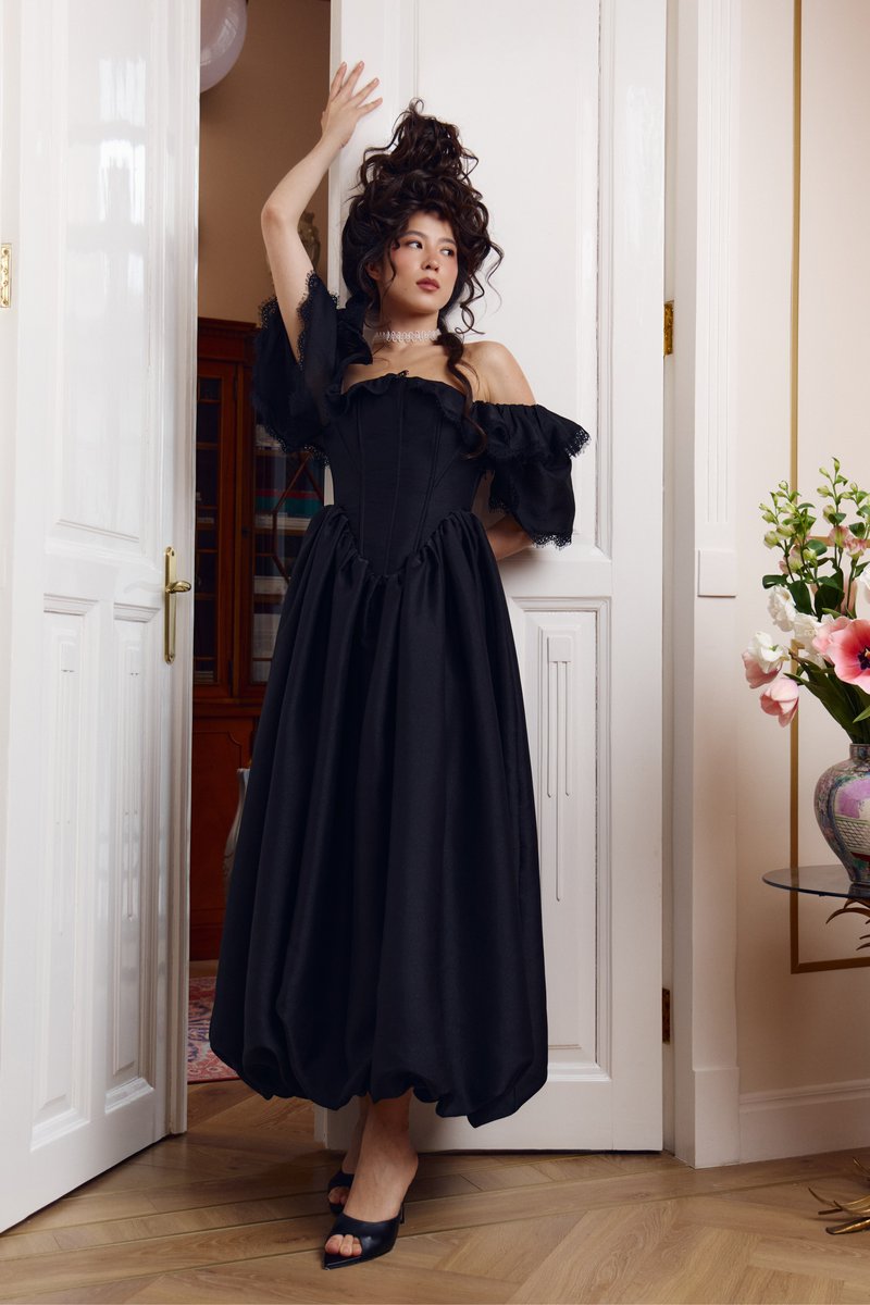 Lamballe black crepe chiffon maxi dress image 1