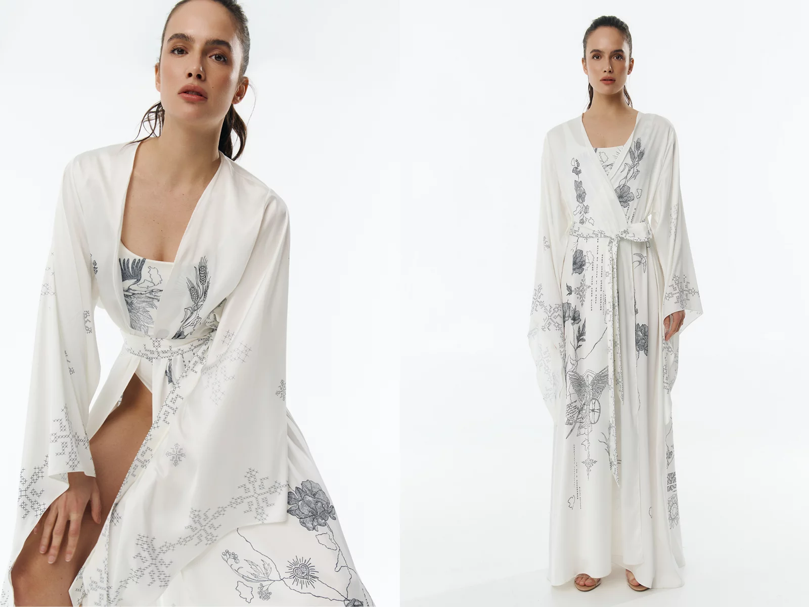 Молочное шелковое кимоно Душа с поясом фотография 1