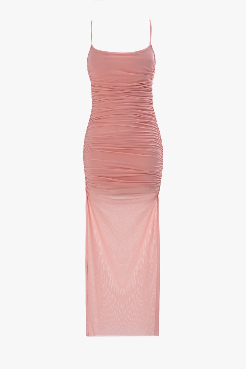 Розовое облегающее платье макси из стрейч-сетки фотография 1