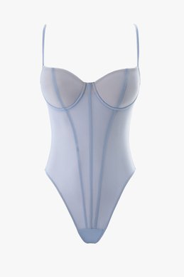 Blue stretch mesh bodysuit with thin straps