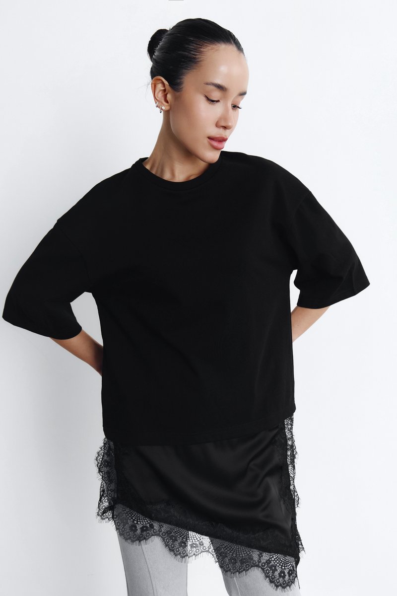Черная хлопковая футболка с кружевной вставкой фотография 1