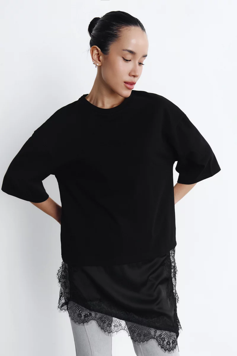 Черная хлопковая футболка с кружевной вставкой фотография 1