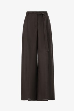 Chocolate-colored linen palazzo pants with belt
