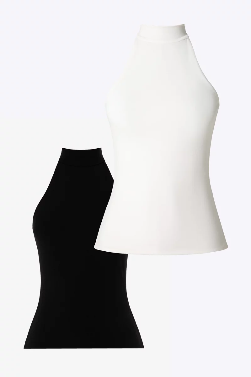 Набор из молочного и черного трикотажного топа с воротником-стойкой фотография 1