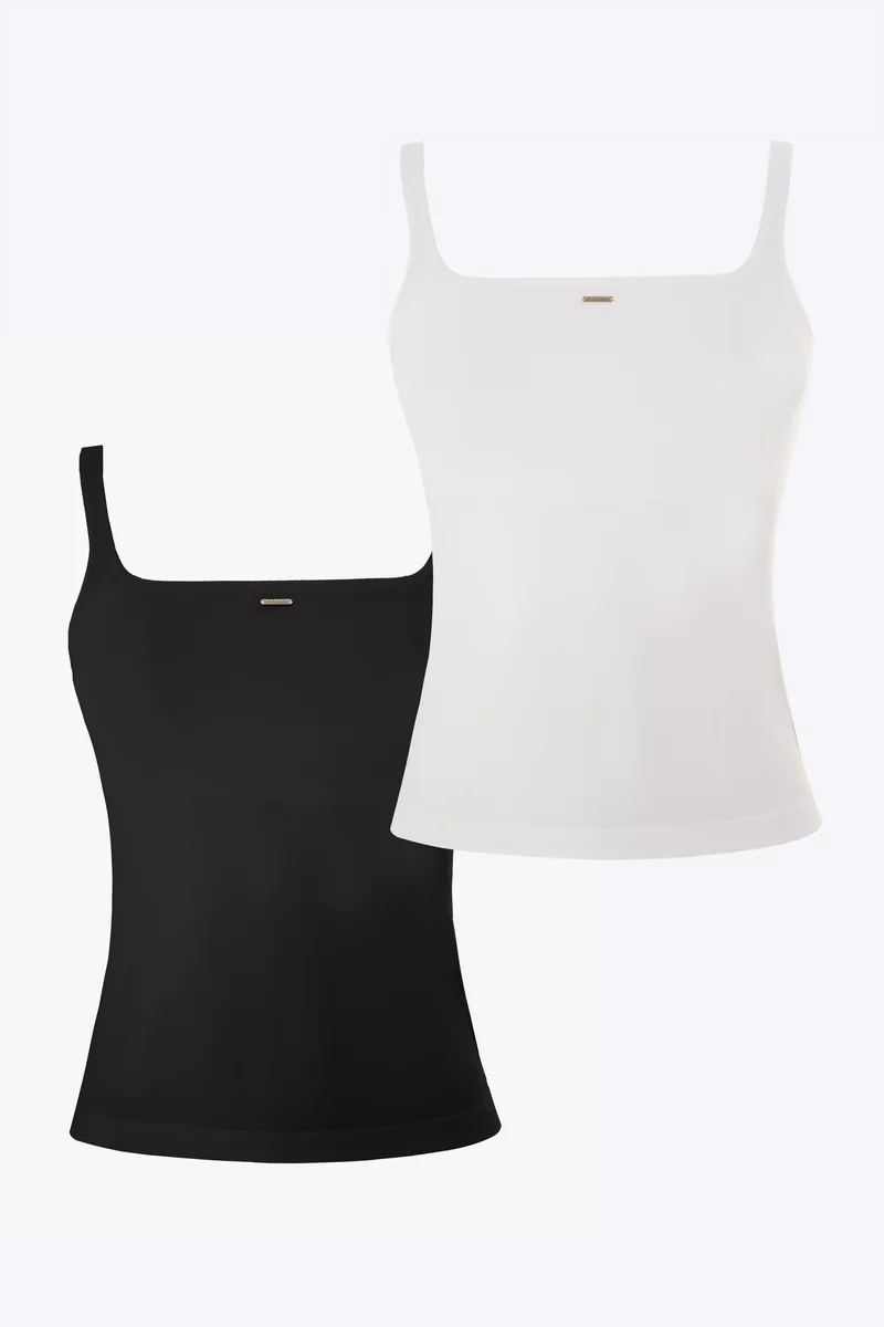 Базовый набор из черного и молочного топа на тонких бретелях фотография 1