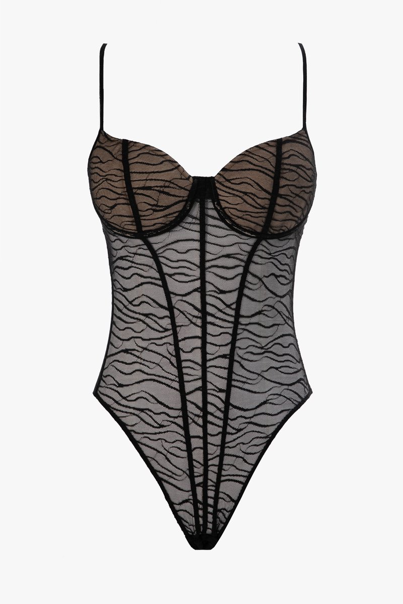 Черный боди из стрейч-сетки на тонких бретелях фотография 1