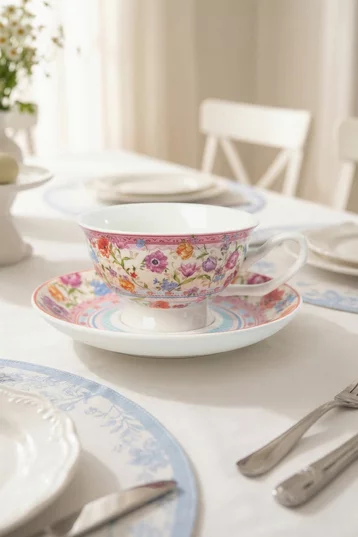 Фарфоровий набір 6 чашок 180 мл із блюдцями з квітковим декором фотографія 1