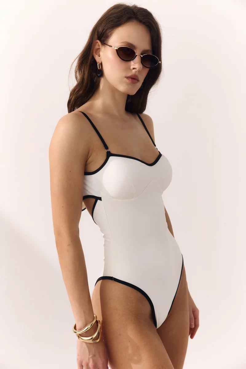 Milky one-piece swimsuit with black piping photo 4