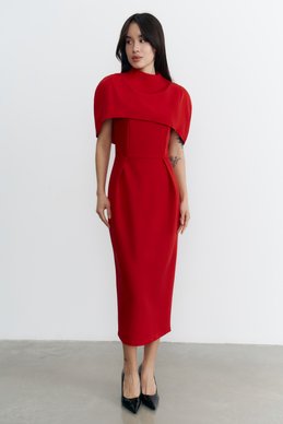 Красный комплект из платья миди и кейпа