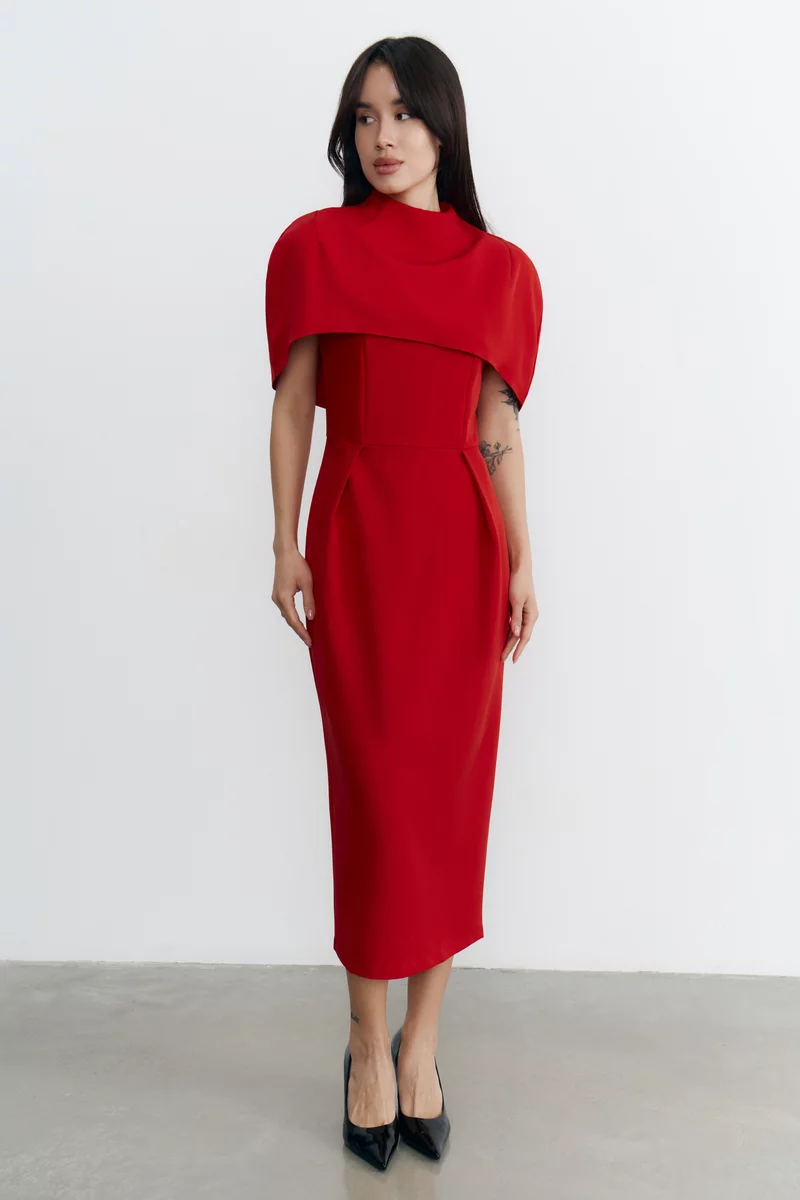 Красный комплект из платья миди и кейпа фотография 1