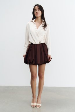 Chocolate-colored satin mini balloon skirt