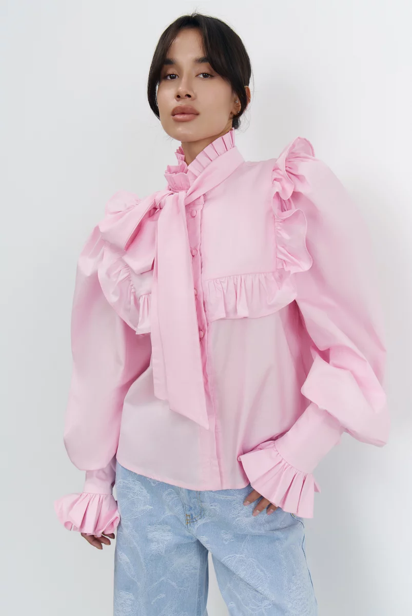 Pink cotton blouse with ruffles photo 1