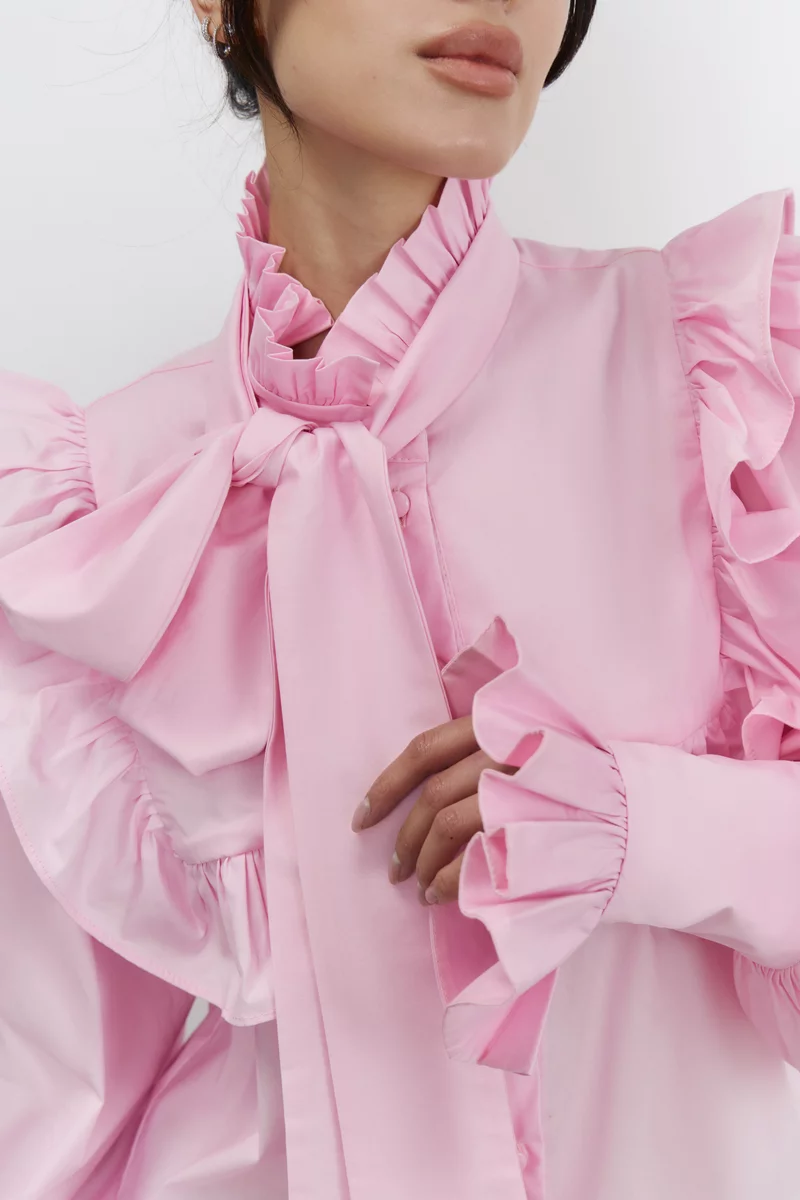Pink cotton blouse with ruffles photo 3