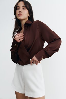 Satin blouse with accent buttons in chocolate shade