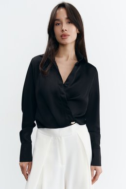 Black satin blouse with accent buttons