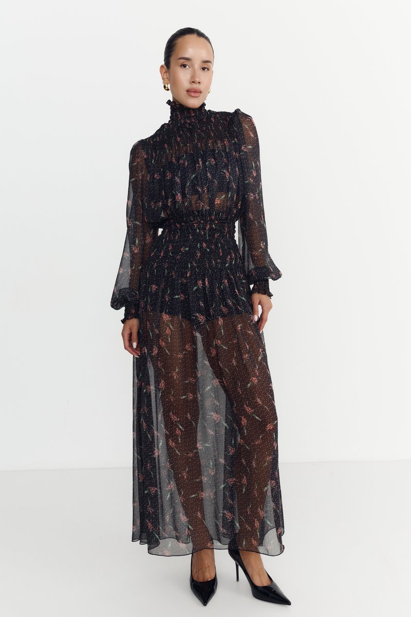 Black chiffon maxi dress with floral print image 1