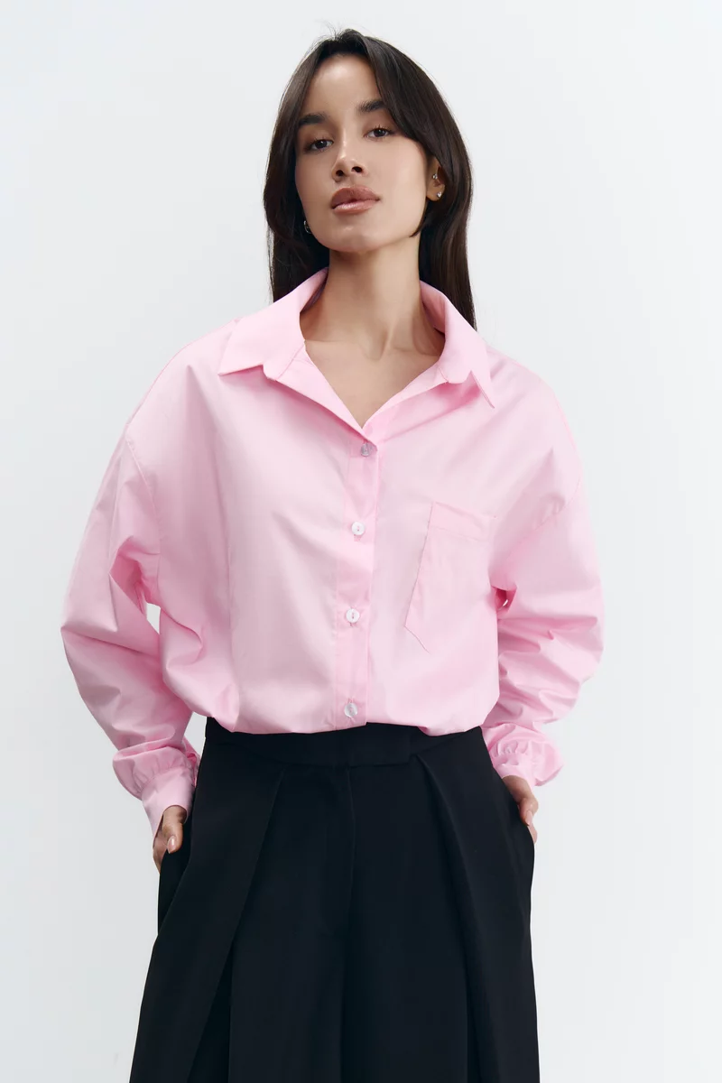 Рожева бавовняна сорочка з поясом на резинці фотографія 2