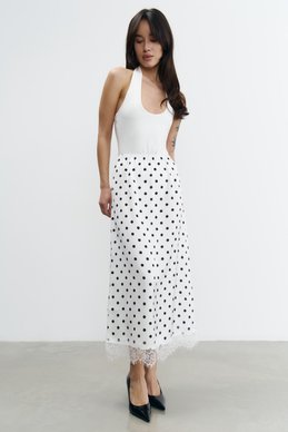 Белая сатиновая юбка миди с принтом в горох