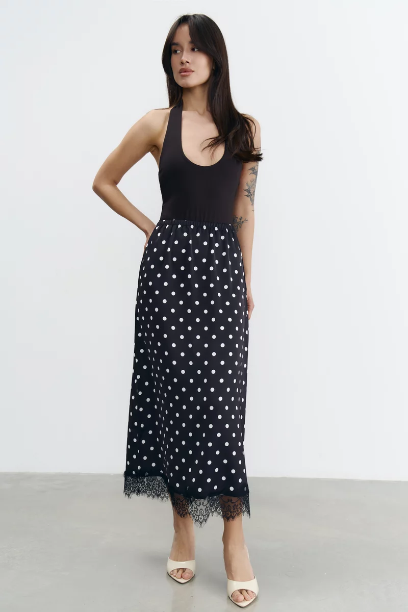 Чорна сатинова спідниця міді з принтом в горох фотографія 1