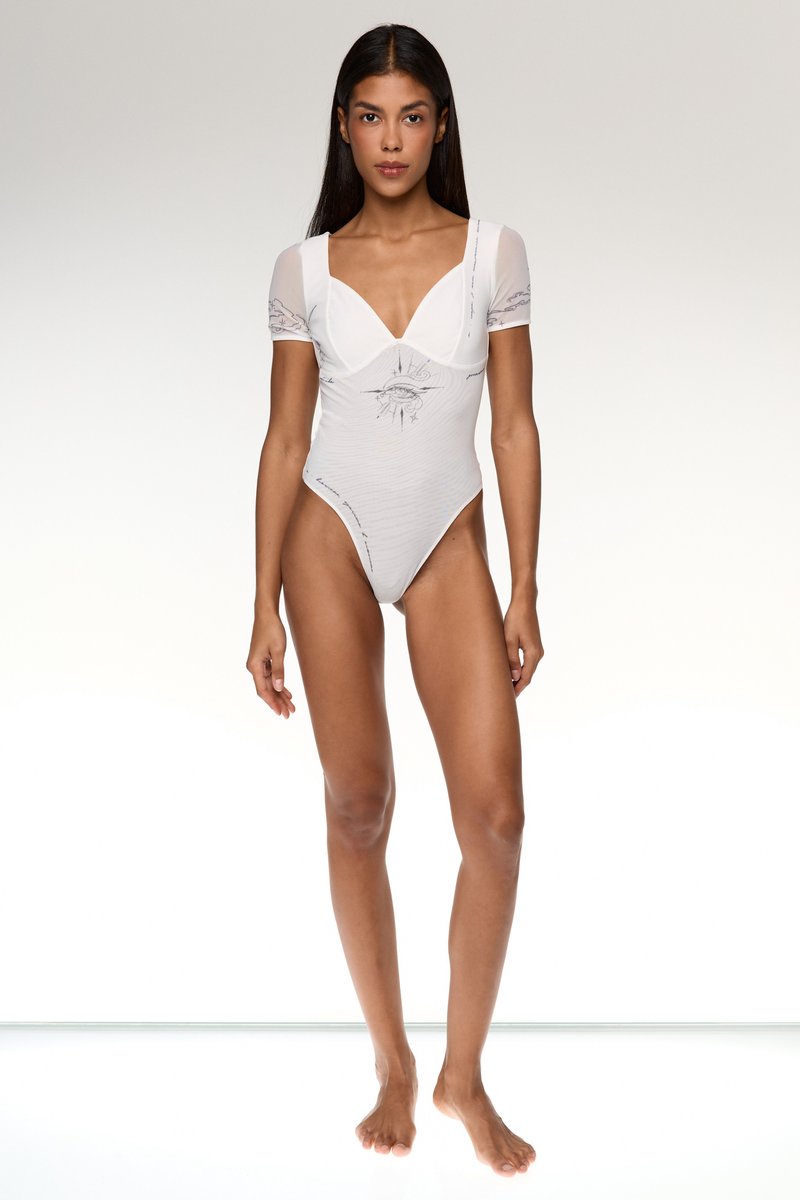 Milky stretch mesh bodysuit with designer print image 1
