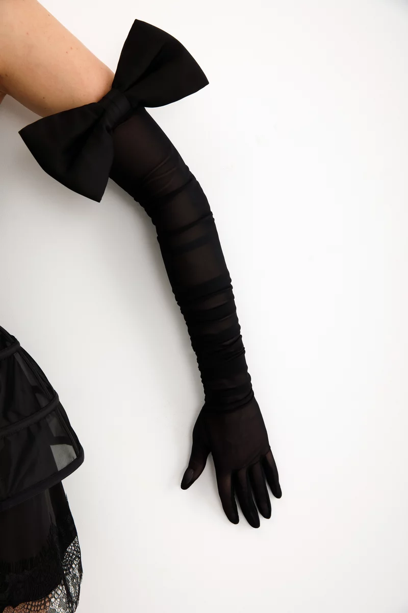 Черные перчатки из стрейч-сетки с сатиновым бантом фотография 1