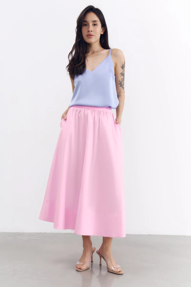 Рожева бавовняна спідниця міді фотографія 1