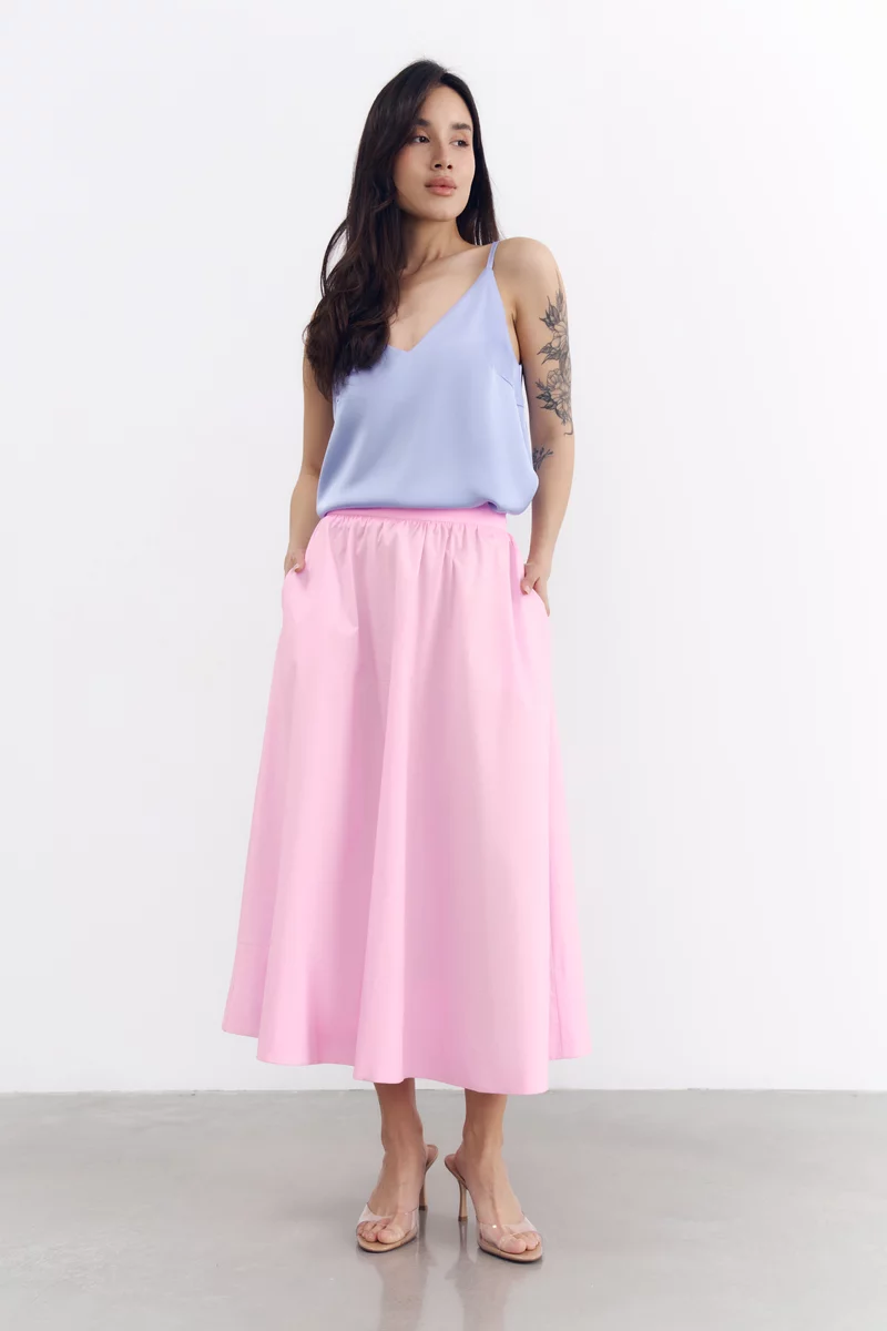 Рожева бавовняна спідниця міді фотографія 4