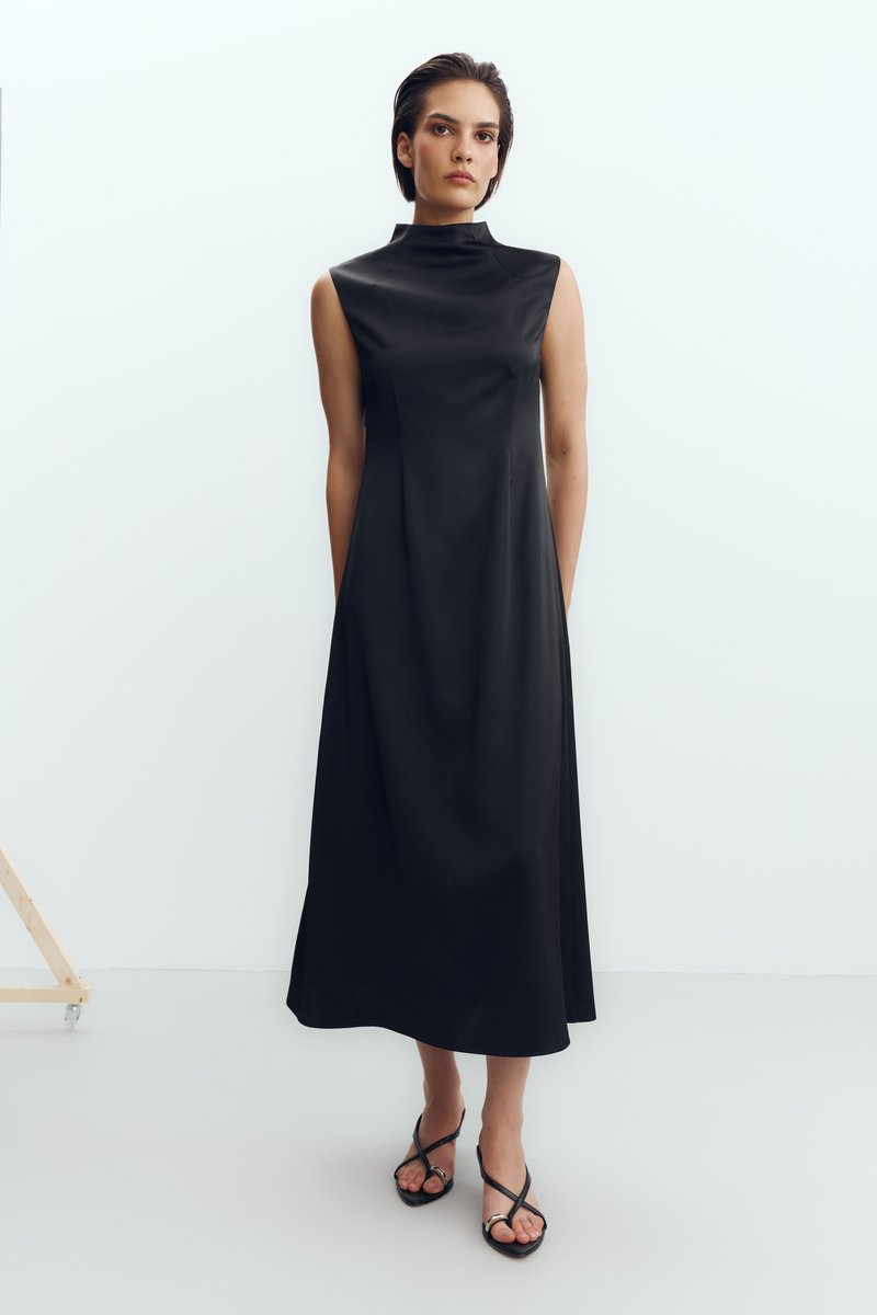 Black satin midi dress with accent back image 1